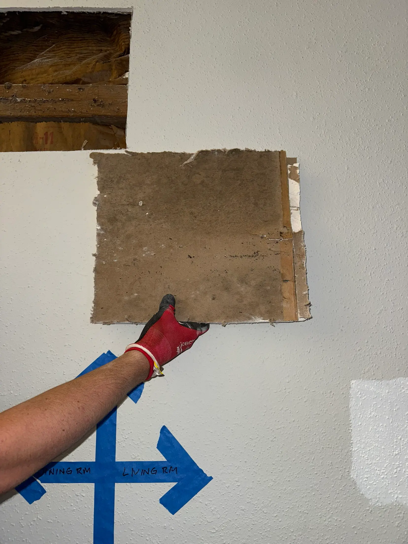 A gloved hand holding a section of drywall cut out of a wall for inspection, with blue painter's tape arrows on the wall below marking the dining room and living room boundary.